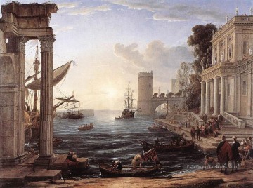 Port maritime avec l’embarquement de la reine de Sheba paysage Plage de Claude Lorrain Peinture à l'huile